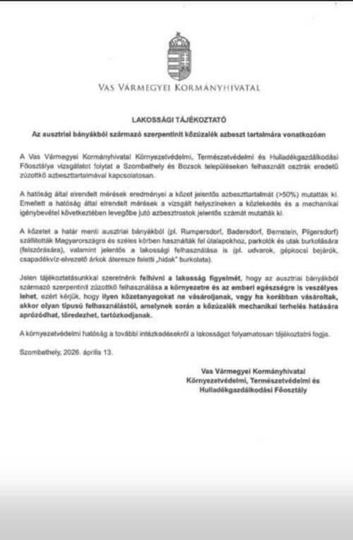 Az ausztriai bányákból származó szerpentinit kőzúzalék azbeszt tartalmára vonatkozóan – LAKOSSÁGI TÁJÉKOZTATÓ